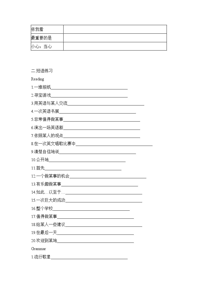 深圳版牛津八年级上册U8 English week单词、短语与句子复习（无答案） 试卷02