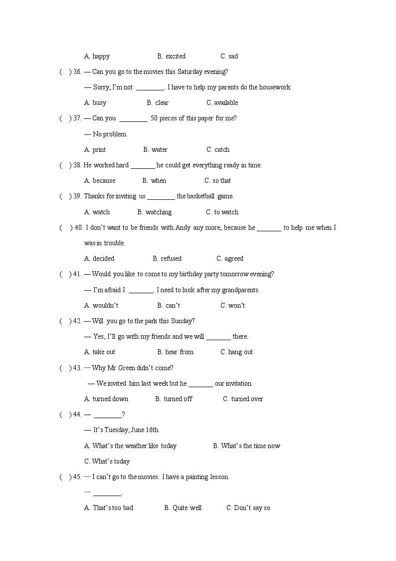 09 Unit 9 单元测试卷-人教新目标八年级英语上册单元测试卷02