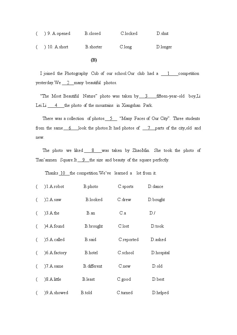 深圳版牛津七年级上册Unit7 making friends单元复习之完型填空与阅读理解 试卷02