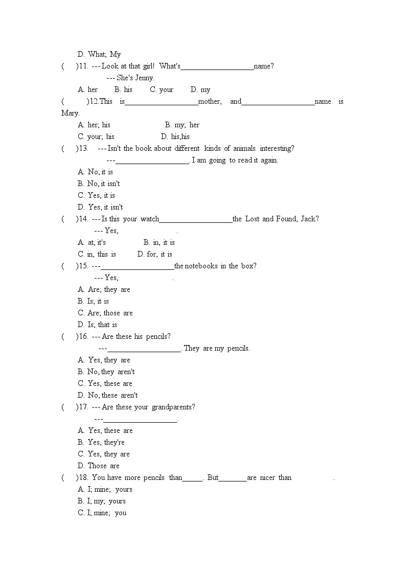 七上英语期中复习--单项选择专练（含答案）02