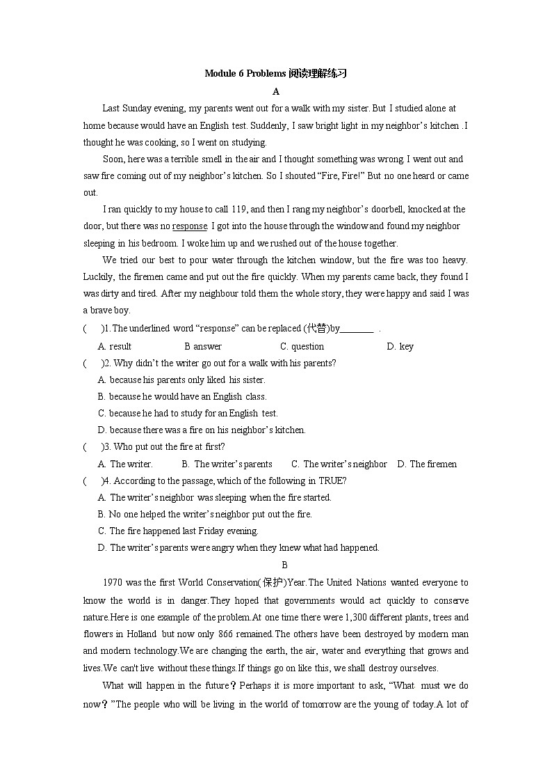 外研版初中英语九上Module 6 Problems 阅读理解与书面表达练习（含答案）01