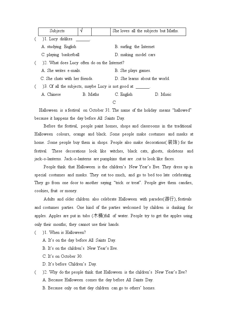 译林初中英语七上期中阅读理解与书面表达专项练习02