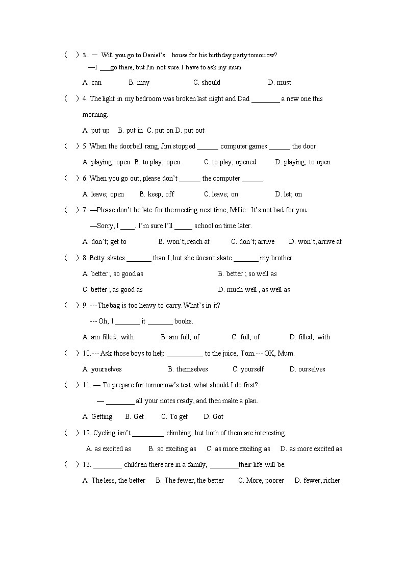 【名校真题】无锡市锡山区2021-2022学年8年级英语上册期中考试试卷（含答案）03