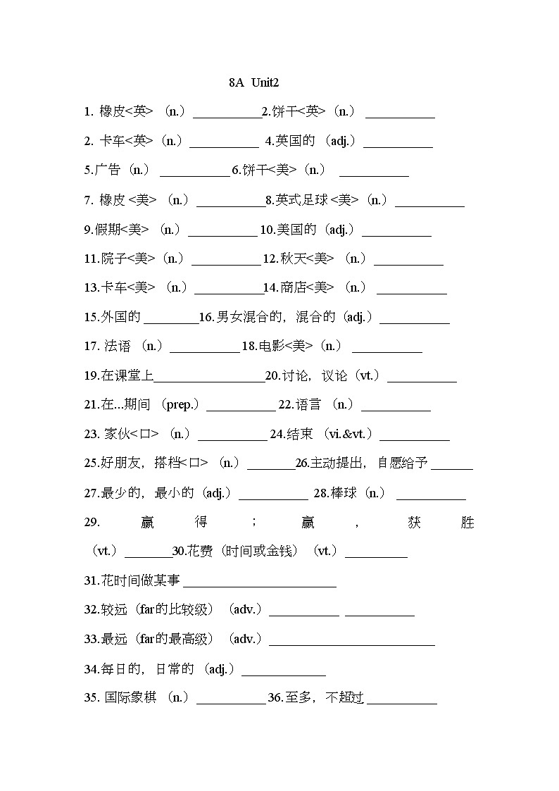 译林版英语八年级上册Unit2复习单词知识点 默写第1页