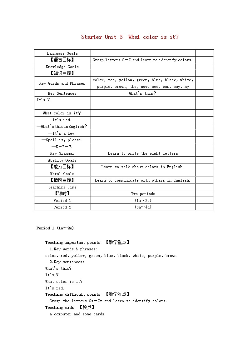 2021-2022学年初中英语七年级上册人教新目标（2012）Starter Unit 3 (1a-2e)教案第1页