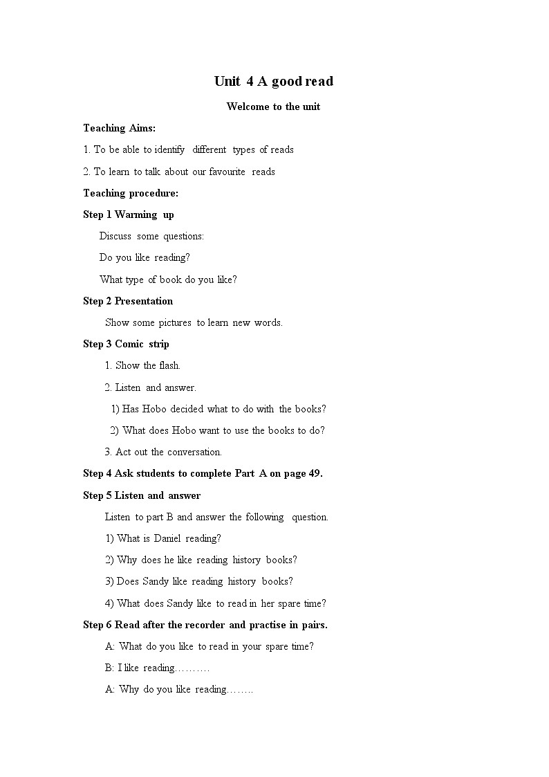Unit 4 A good read 教案第1页