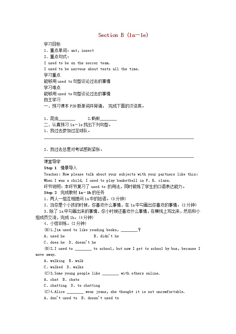 2021-2022学年初中英语九年级全册人教新目标版 Unit4 SectionB1a-1e 教案01