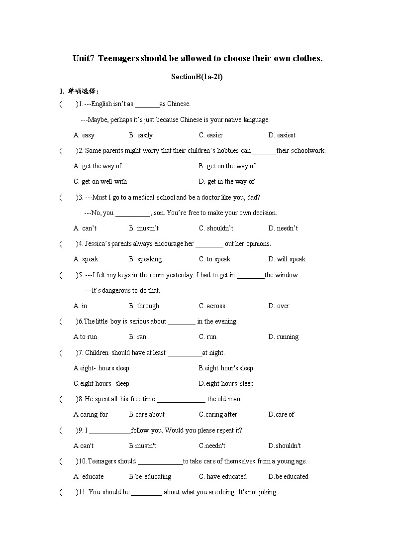 Unit7 SectionB(1a-2e)分层练习 初中英语人教版九年级全册（2021年）01
