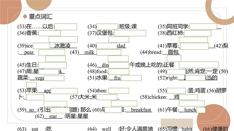 【人教版英语中考】【2022年中考英语一轮复习】七年级上册 unit5-9 基础知识梳理课件PPT第6页