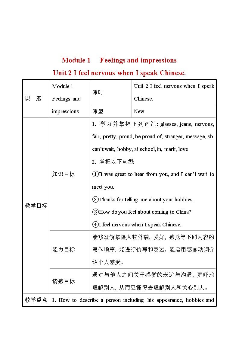 外研版英语 八年级下册 Module 1 Unit 2 I feel nervous when I speak Chinese  教案第1页