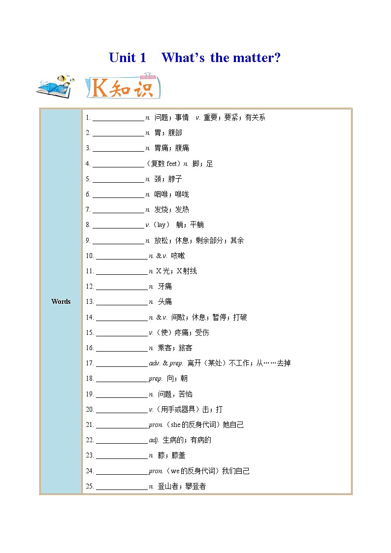 专题1.1 Unit 1  What’s the matter  SectionA01