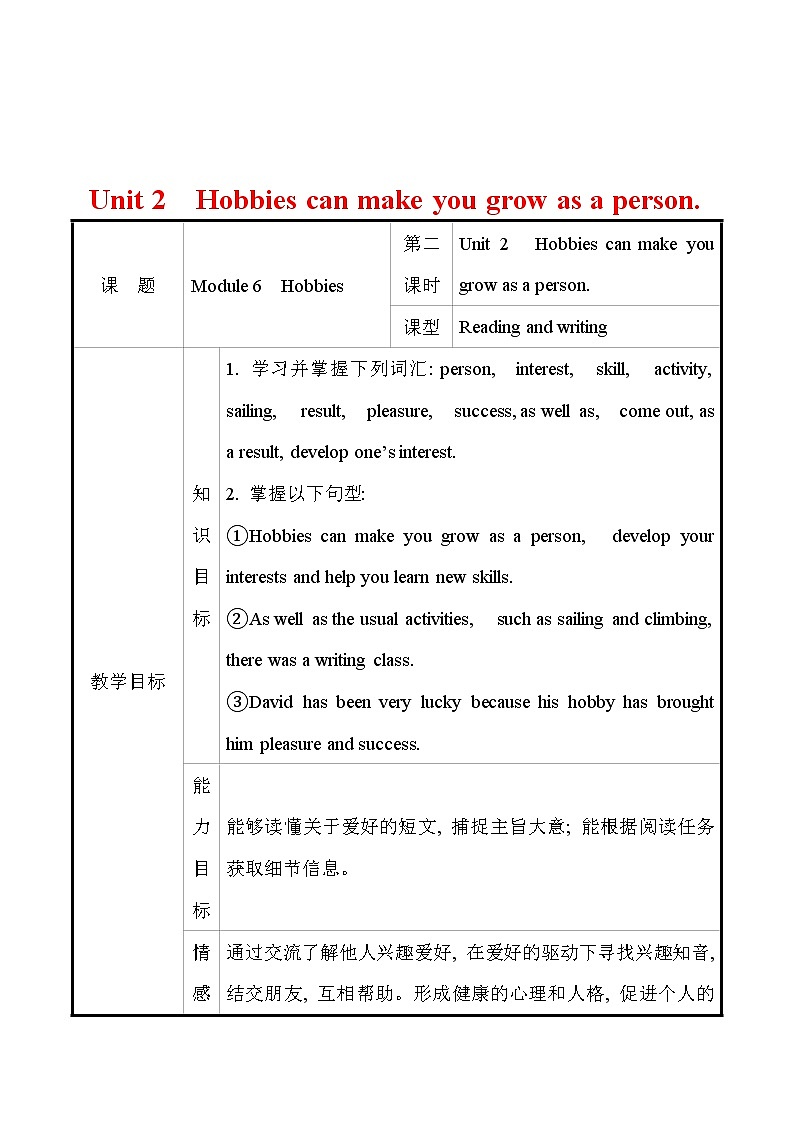 外研版英语 八年级下册 Module 6 Unit 2 Hobbies can make you grow as a person 教案01