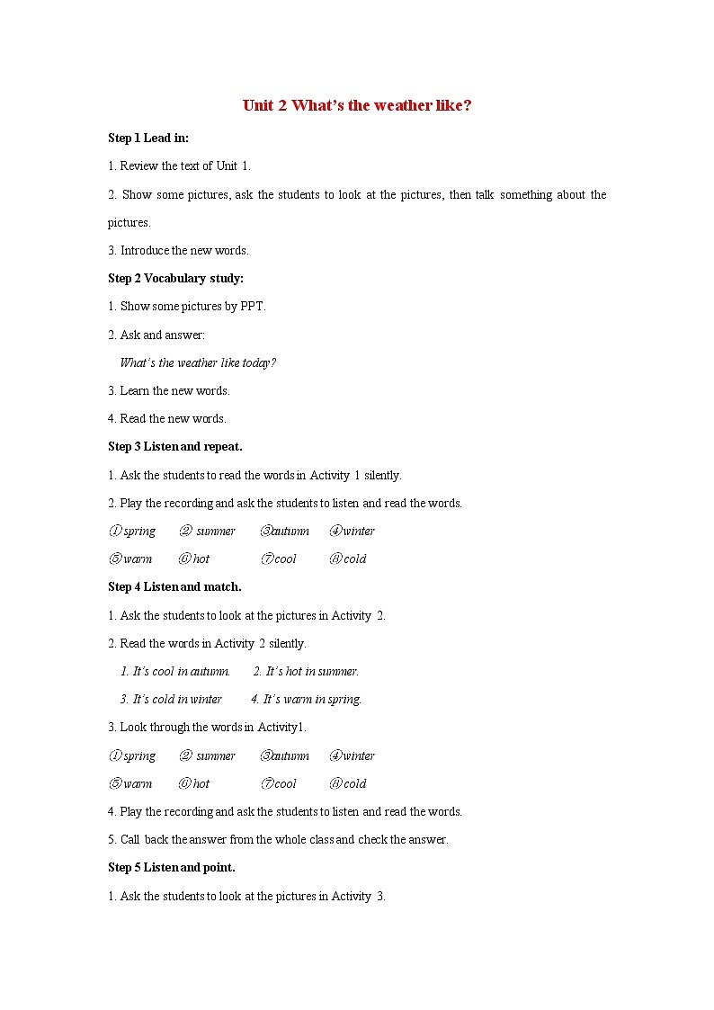 Starter Module 4 My everyday life Unit 2 What’s the weather like 教案 初中英语外研版七年级上册（2021年）01