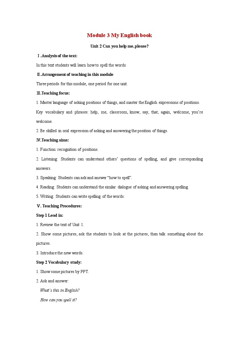 Starter Module 3 My English book Unit 2 Can you help me please 教案 初中英语外研版七年级上册（2021年）01