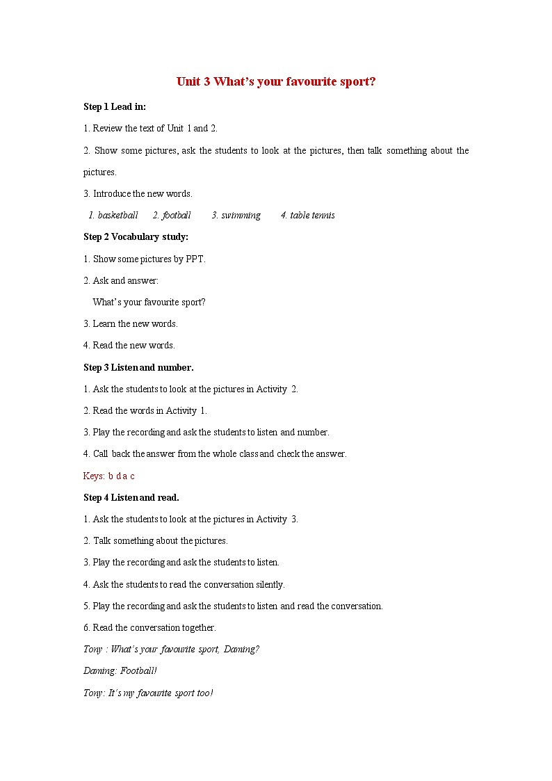 Starter Module 4 My everyday life Unit 3 What’s your favourite sport 教案 初中英语外研版七年级上册（2021年）01