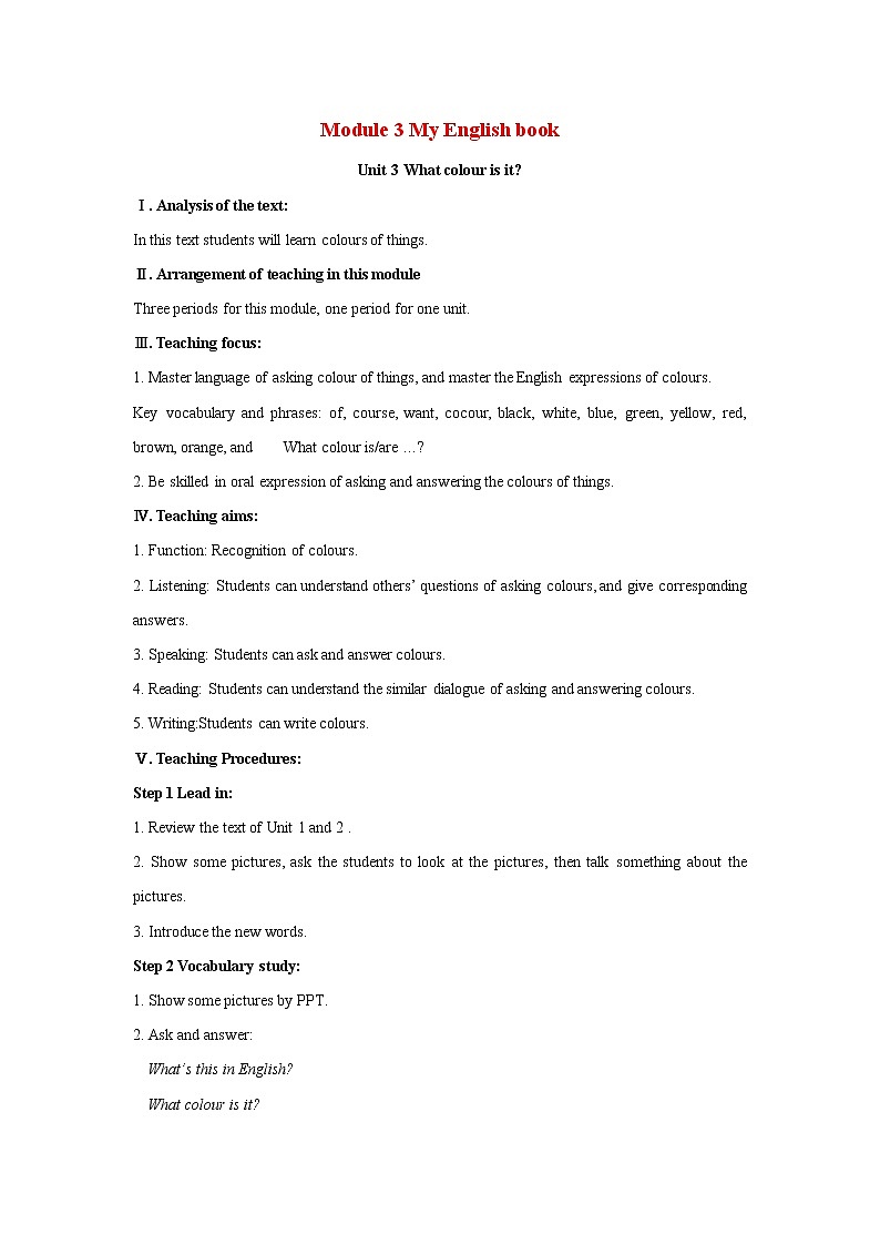 Starter Module 3 My English book Unit 3 What colour is it 教案 初中英语外研版七年级上册（2021年）01