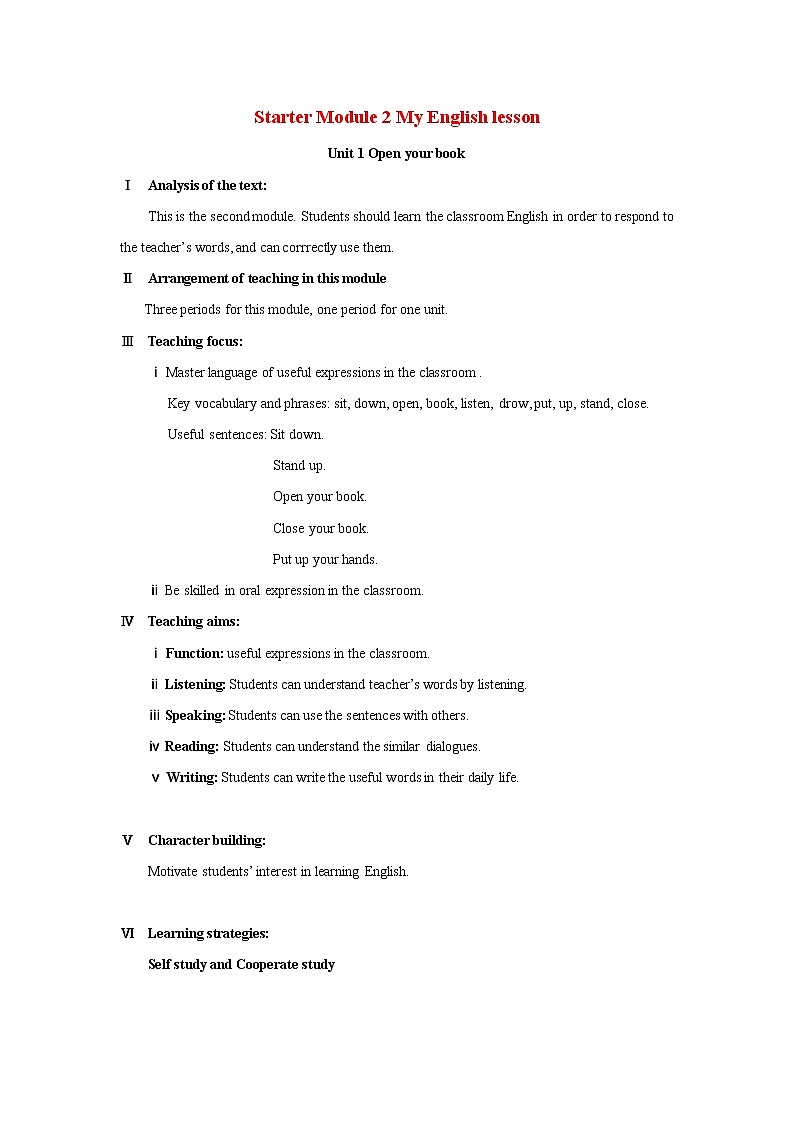 Starter Module 2 My English lesson Unit 1 Open your book 教案 初中英语外研版七年级上册（2021年）第1页