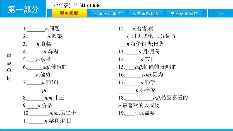 人教版新目标英语2018中考第一轮复习课件七年级(  上  )Unit 6-9第2页