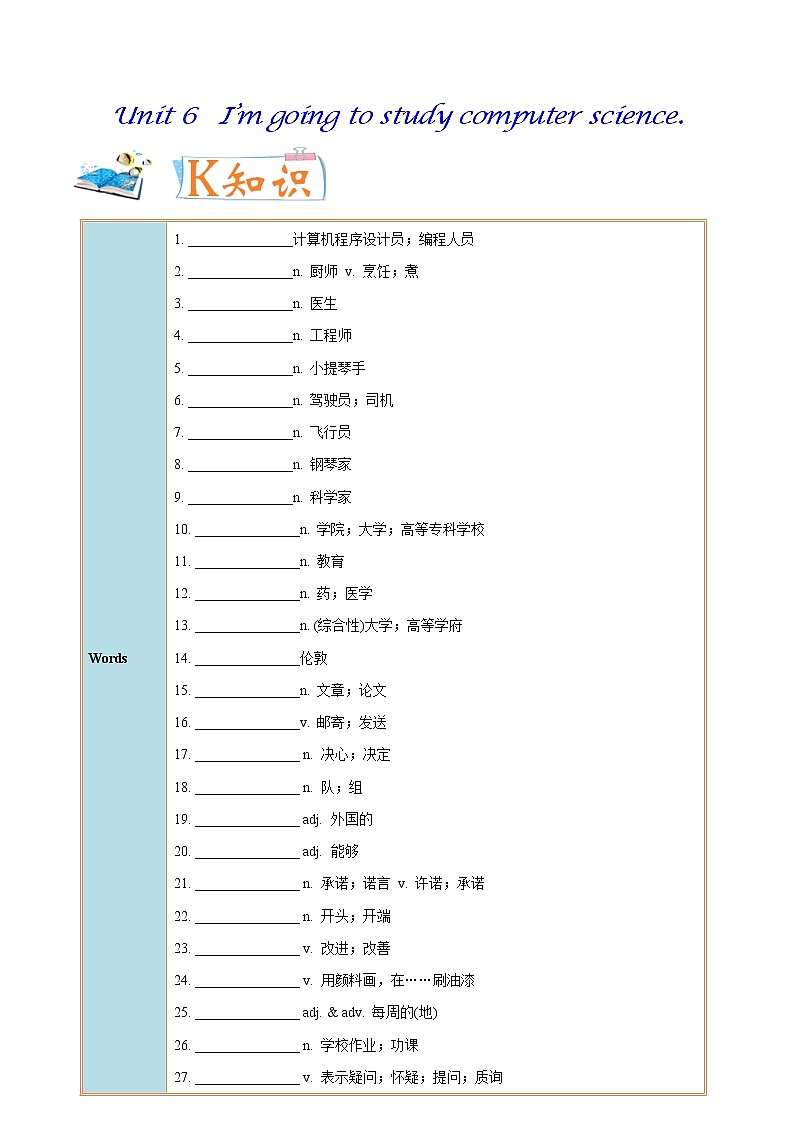 专题6.1 人教版八年级英语上册 I'm going to study computer science SectionA知识点+练习题学案01