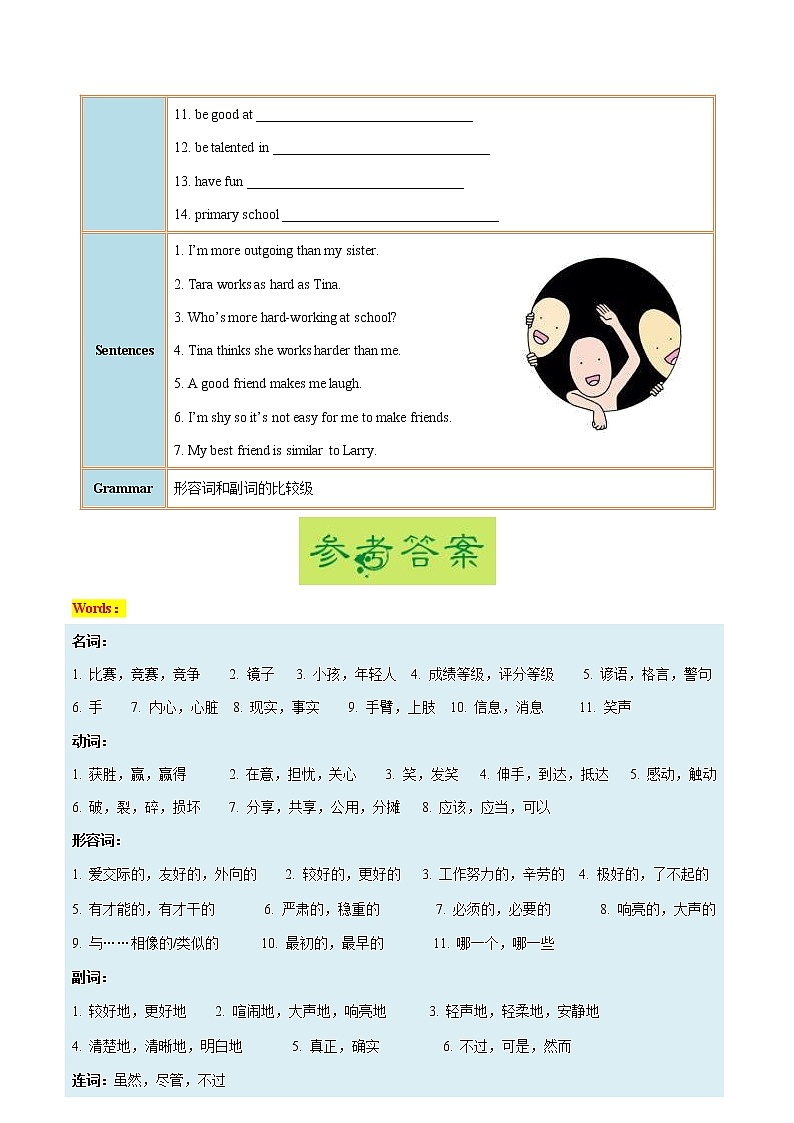 专题3.1人教版八年级英语上册  I'm more outgoing than my sister SectionA知识点+练习题学案03