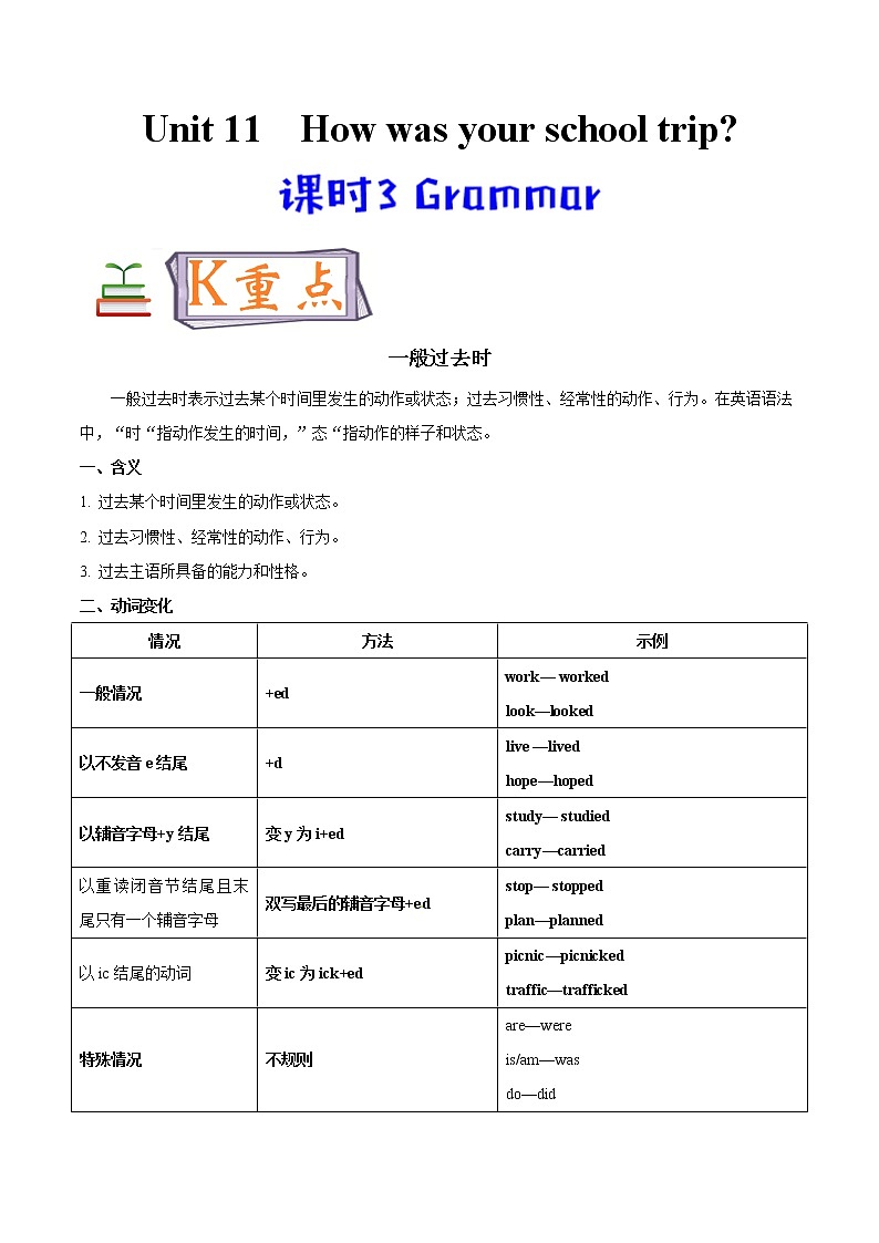专题11.3人教版（Go  For  It ）七年级英语下册 How was yourschool trip  Grammar知识点+练习题学案01