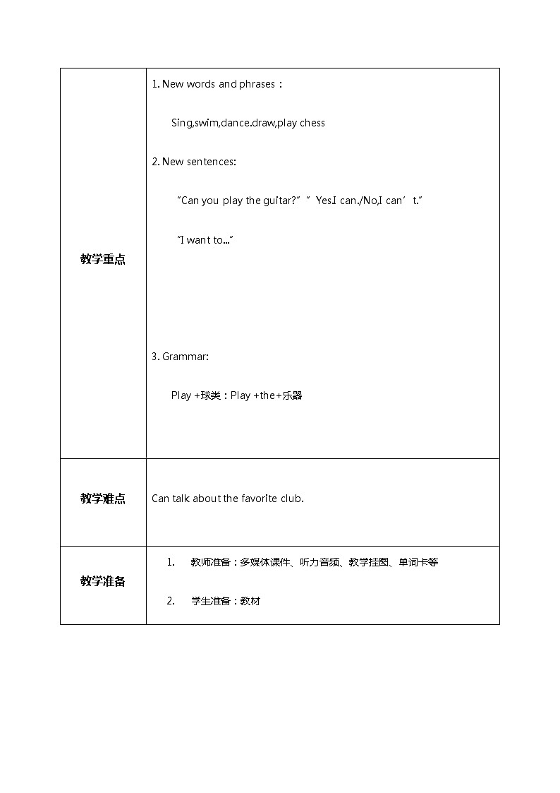 人教版七年级下册英语Unit 1 Can you play the guitar教案第2页