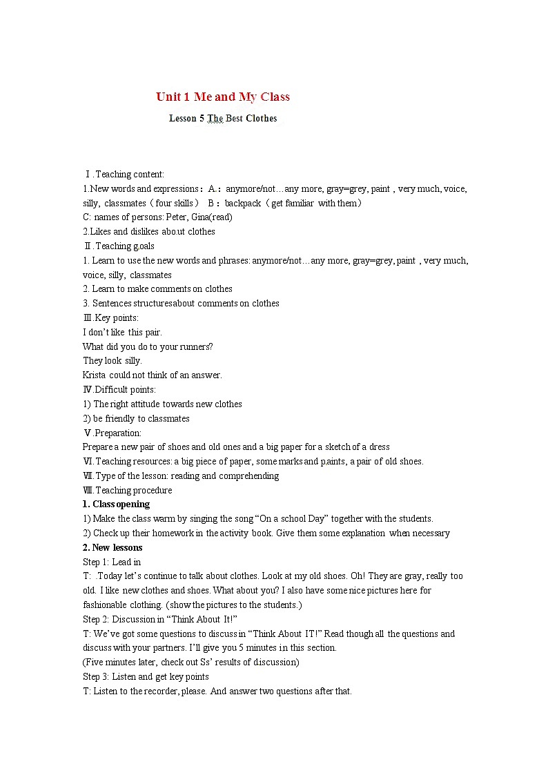 八年级英语上册Unit1MeandMyClassLesson5TheBestClothes（教案）01