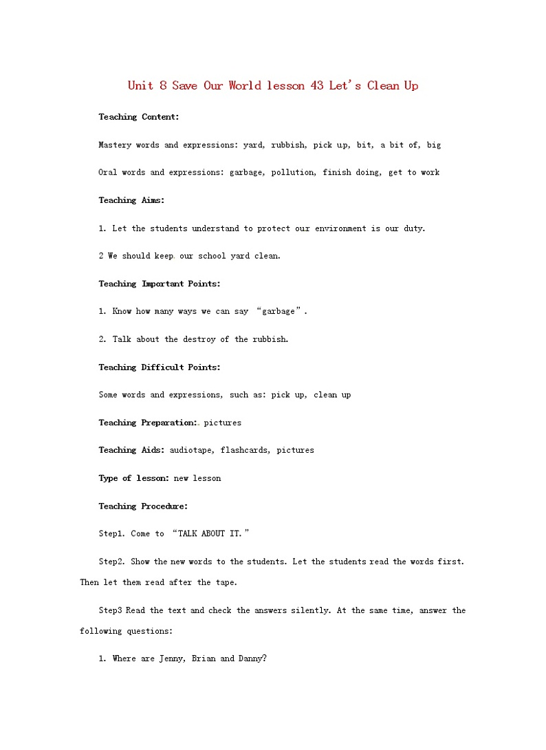 八年级英语下册 Unit 8 lesson 43 教案01