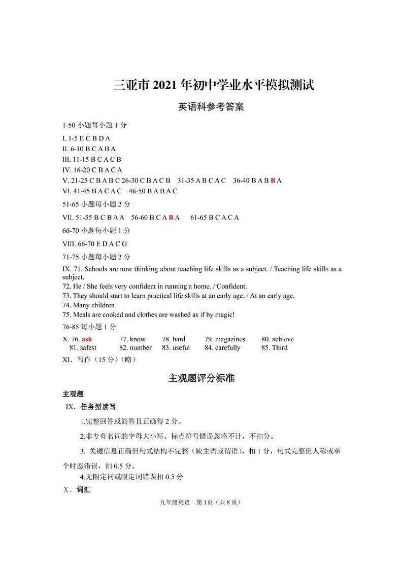 2021年海南省三亚市初中学业水平模拟考试英语试题（PDF）01