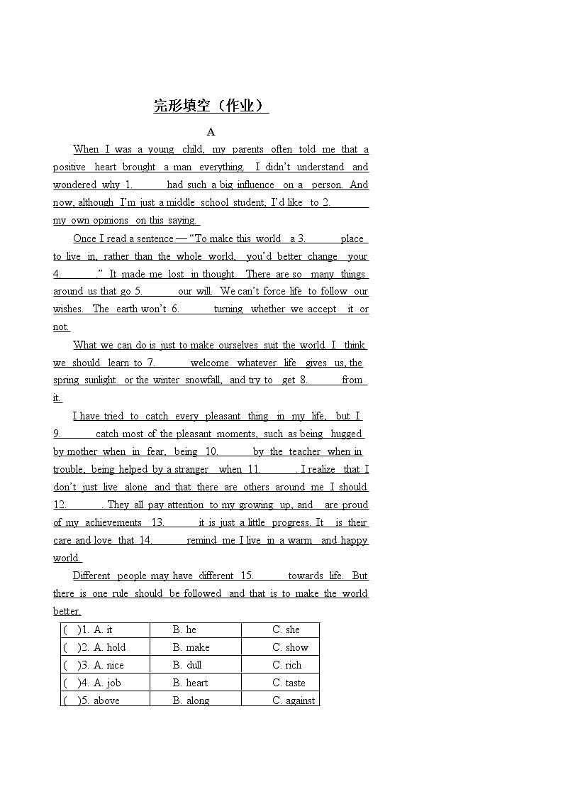 人教新目标 (Go for it) 版 八下完形填空（作业及答案） 练习01