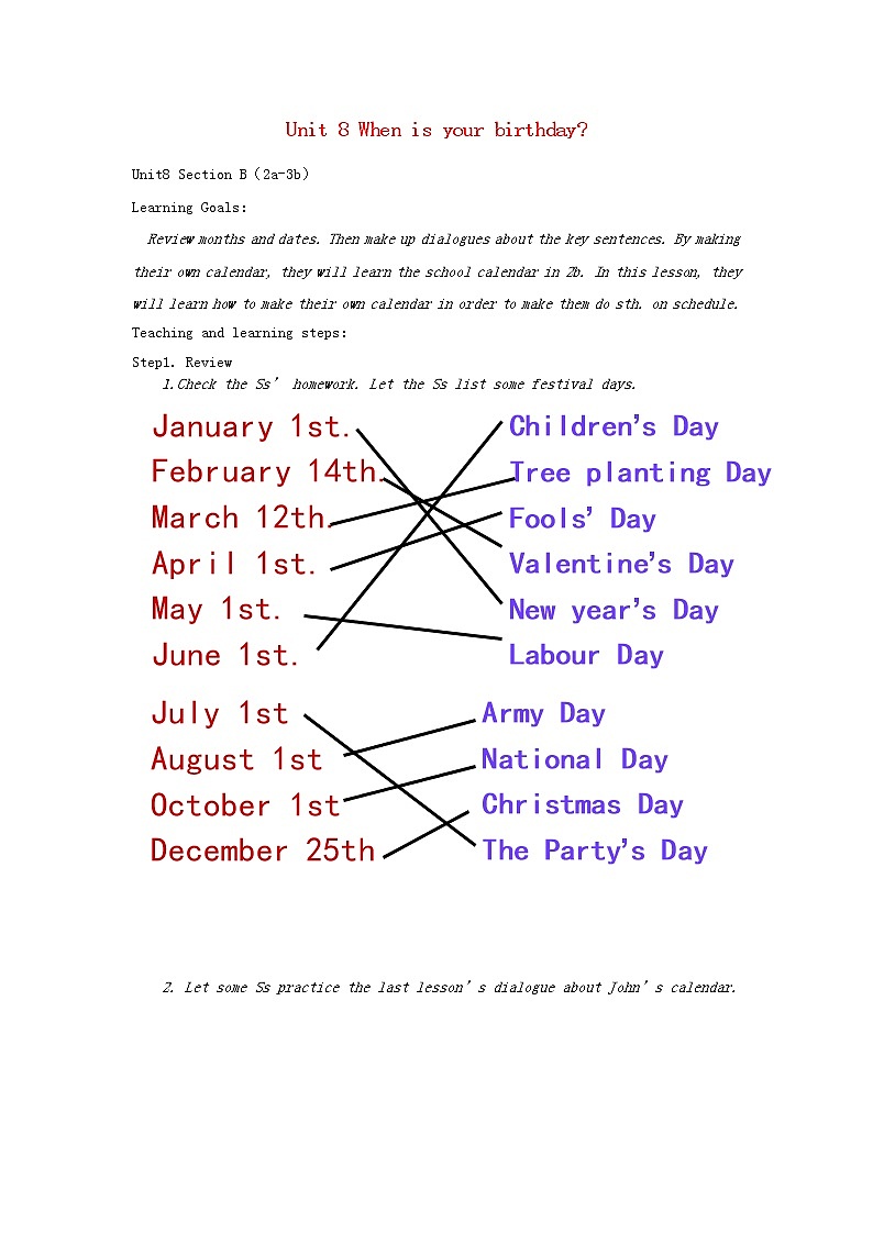 2013年七年级英语上册 Unit 8 When is your birthday（第4课时）Section B 2a-3b教案 （新版）人教新目标版01