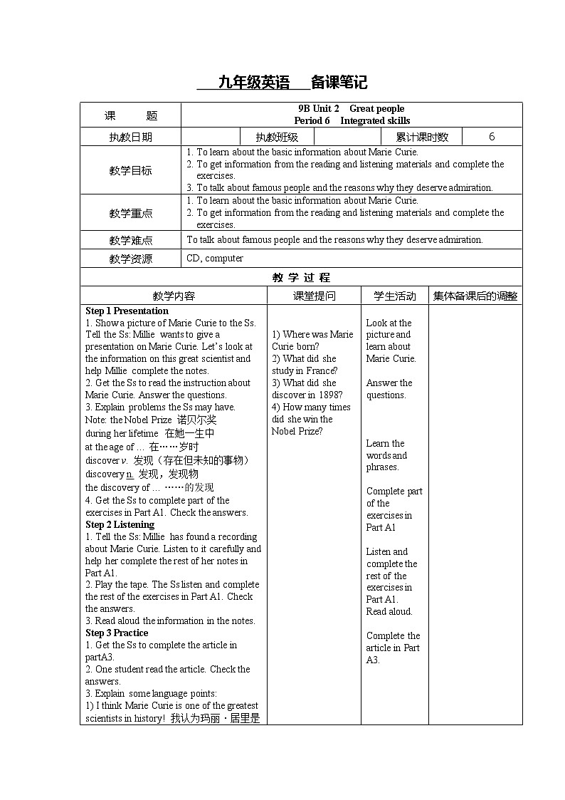 Period 6  Unit2 Integrated skills教案第1页