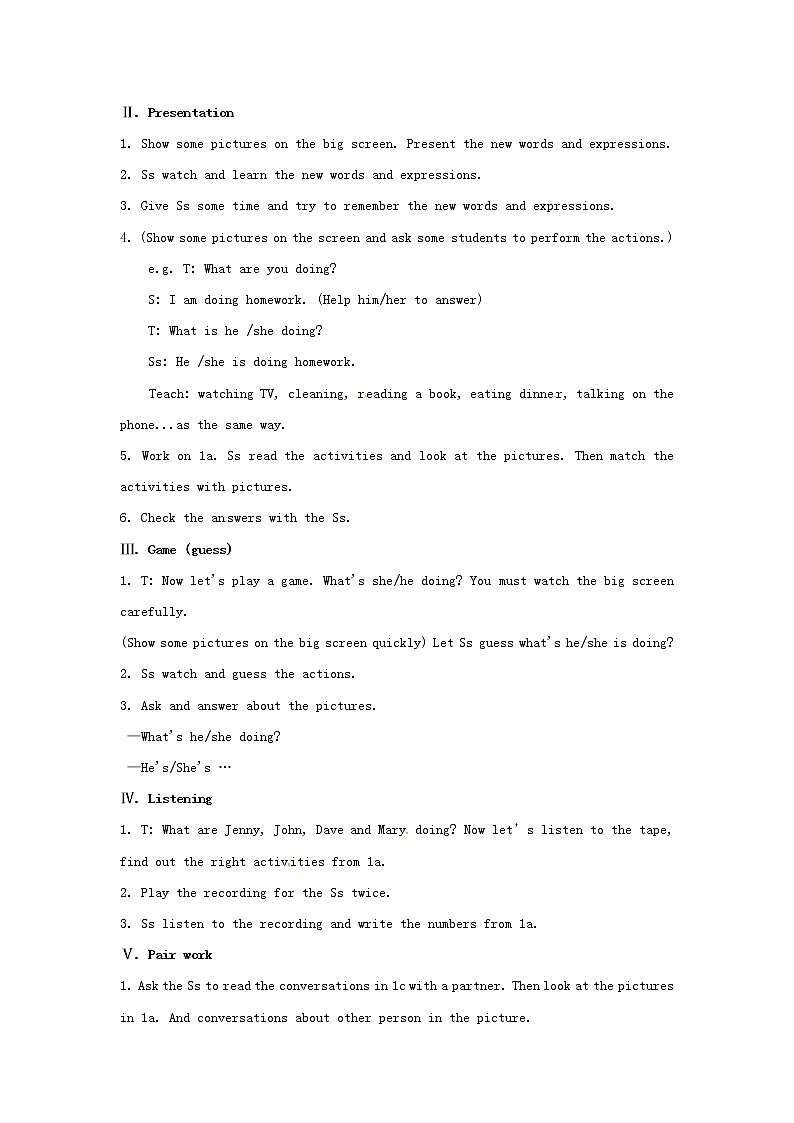 七年级英语下册 Unit 6 I’m watching TV（Section A1 1a-2d） 教案 （新版）人教新目标版02