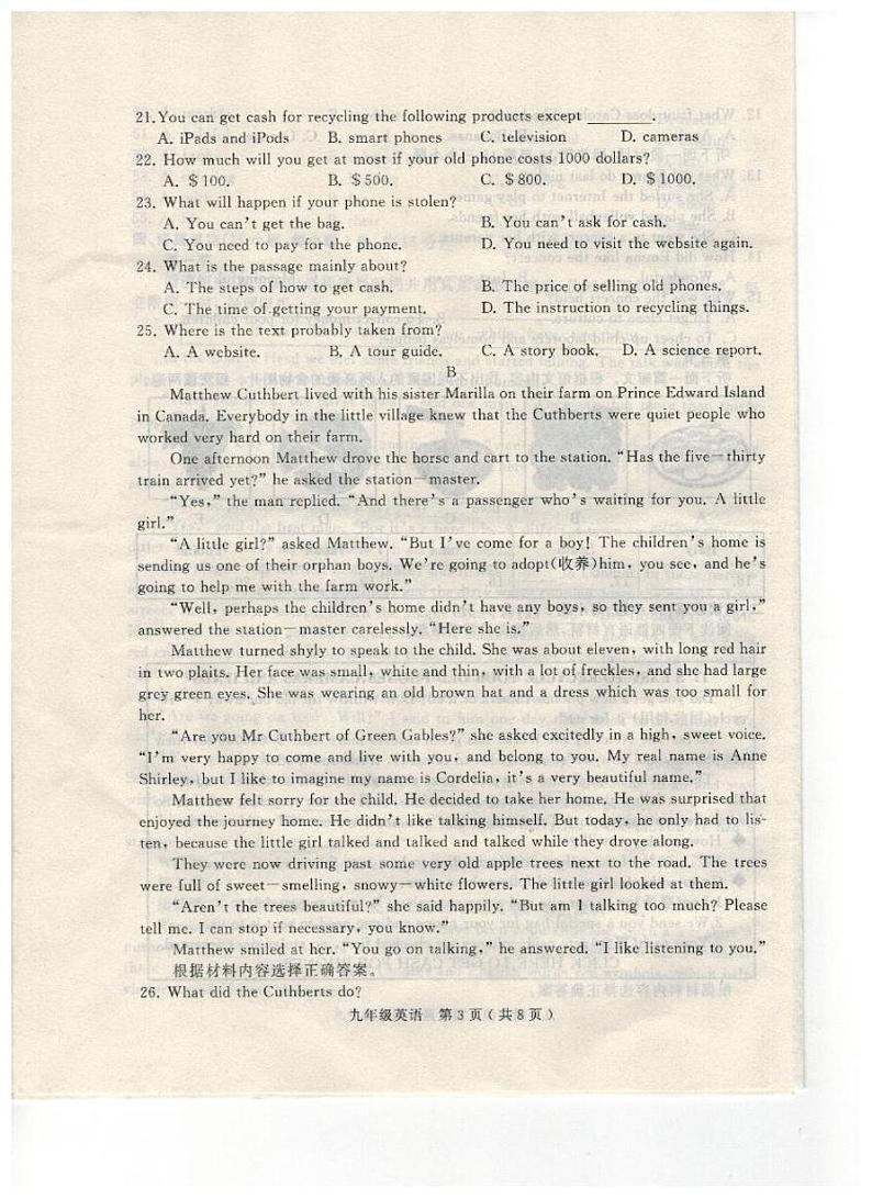 河南省驻马店市驿城区2021届九年级上学期期末质量监测英语试题（扫描版）第3页