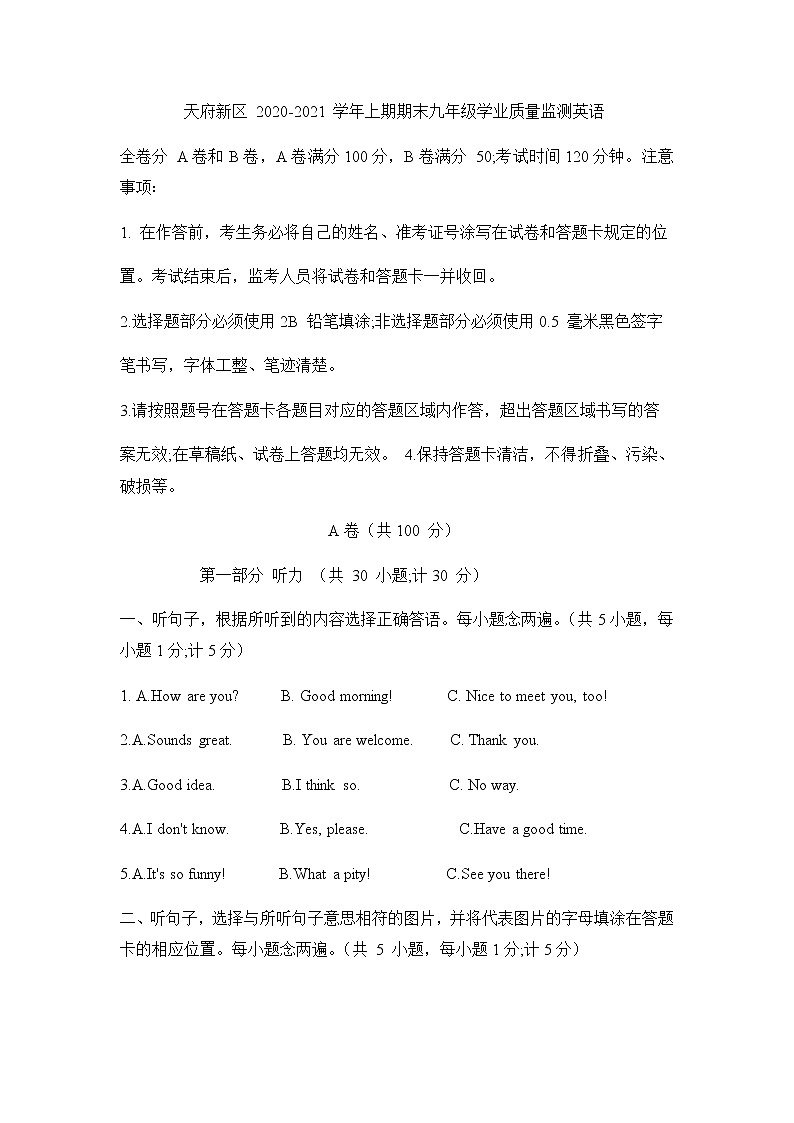 四川省成都天府新区2020-2021学年上学期期末学业质量监测九年级英语试题（无答案无听力音频和原文）01