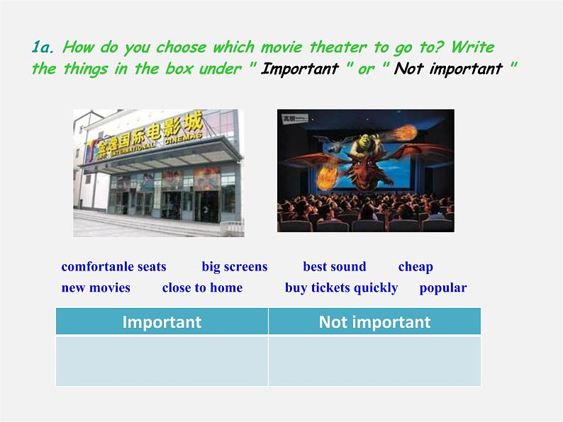 八年级英语上册 Unit 4 What’s the best movie theater Section A（1a-1c）课件第2页