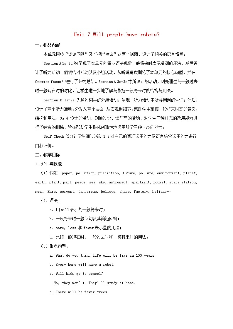八年级英语上册 Unit 7 Will people have robots？教案301