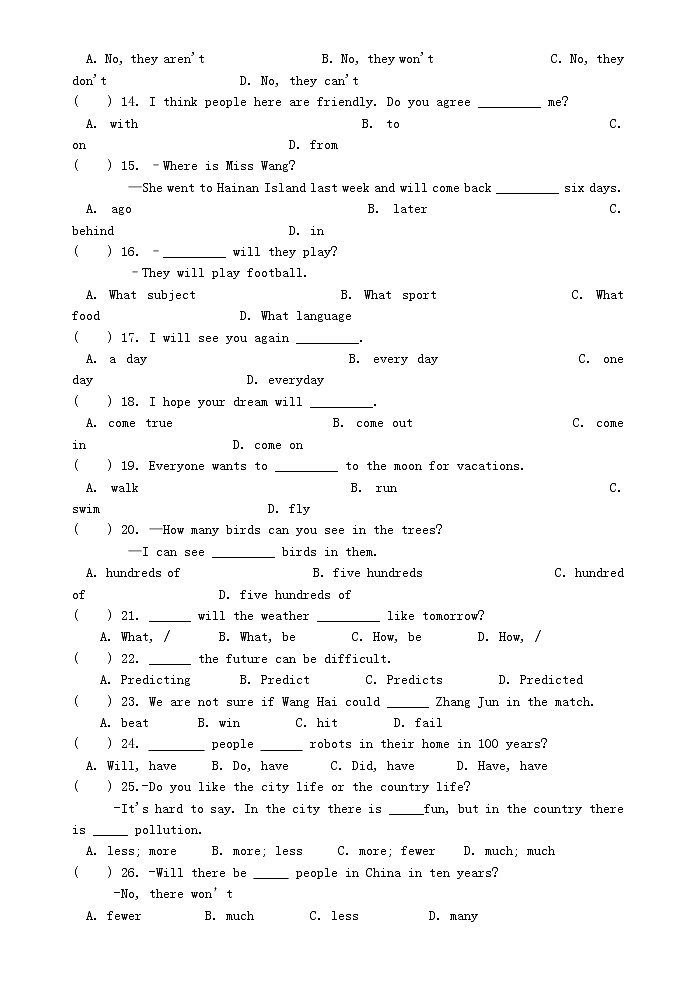 八年级英语上册 Unit 7 Will people have robots测试卷（A卷）（新版）人教新目标版教案03