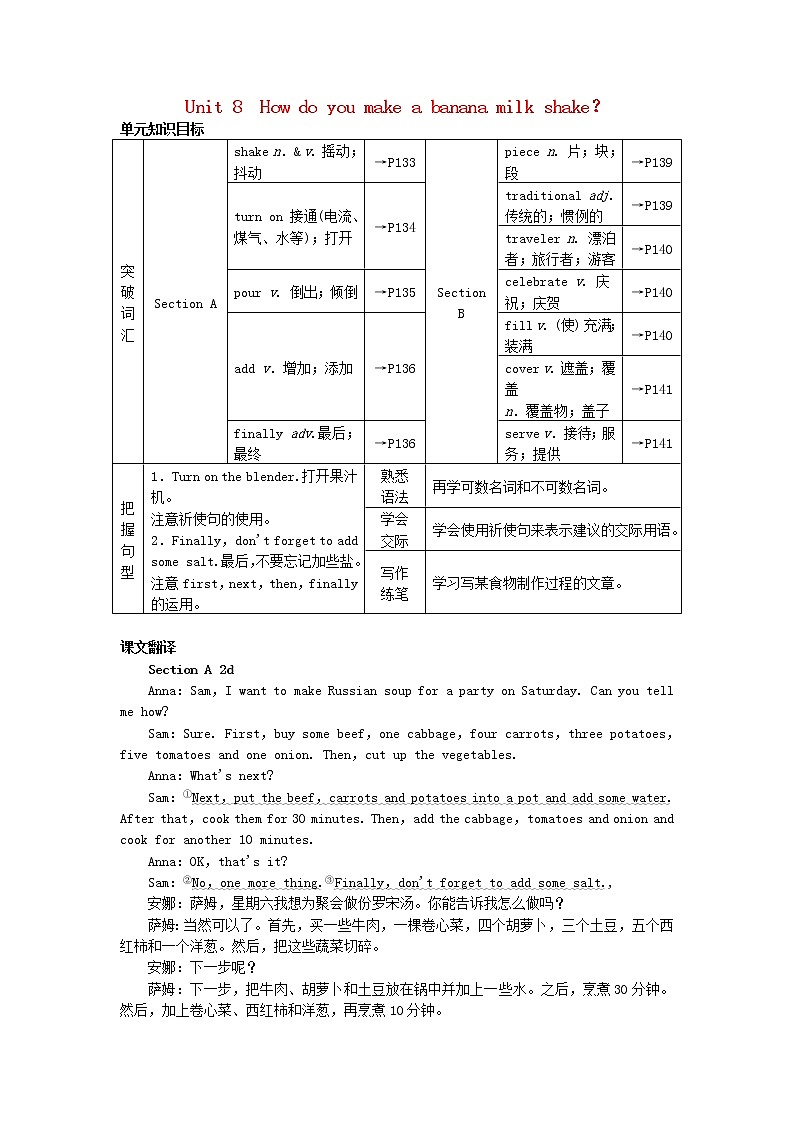 八年级英语上册 Unit 8 How do you make a banana milk shake？单元知识归纳教案01