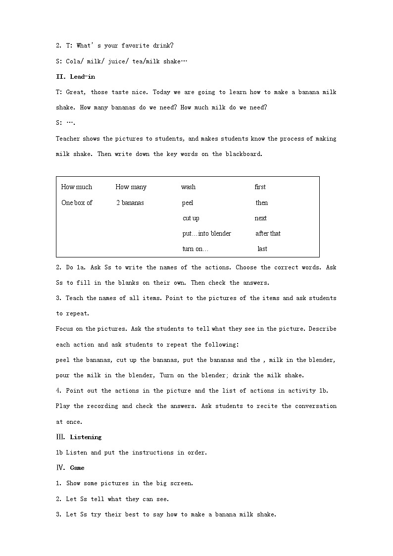八年级英语上册 Unit 8 How do you make a banana milk shake？教案102