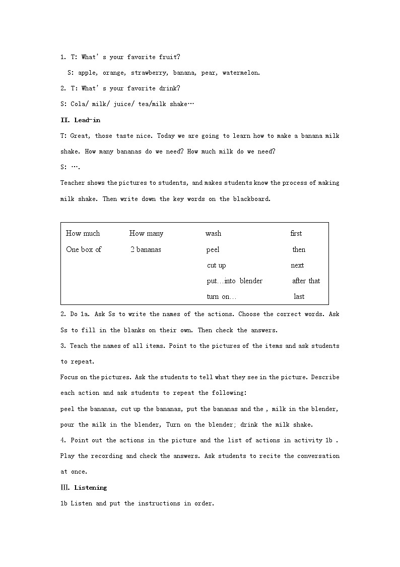 秋八年级英语上册 Unit 8 How do you make a banana milk shake Section A 1 1a-2d教案02
