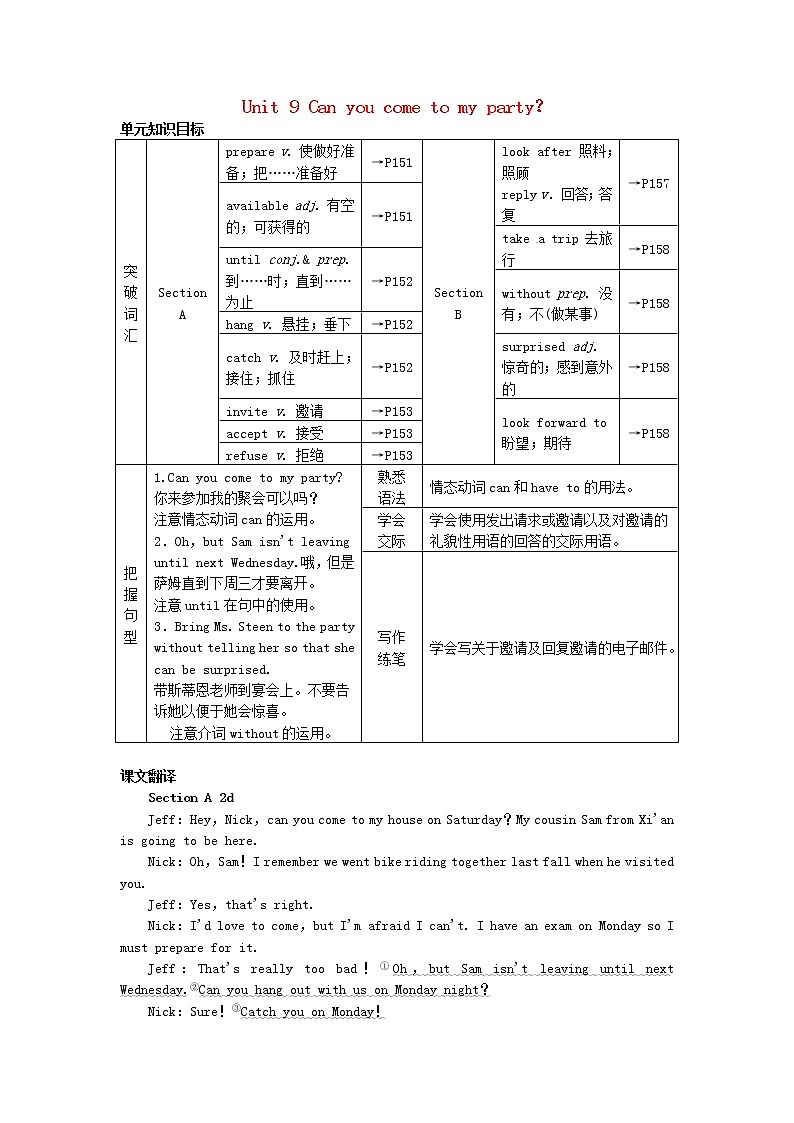 八年级英语上册 Unit 9 Can you come to my party？单元知识归纳教案01