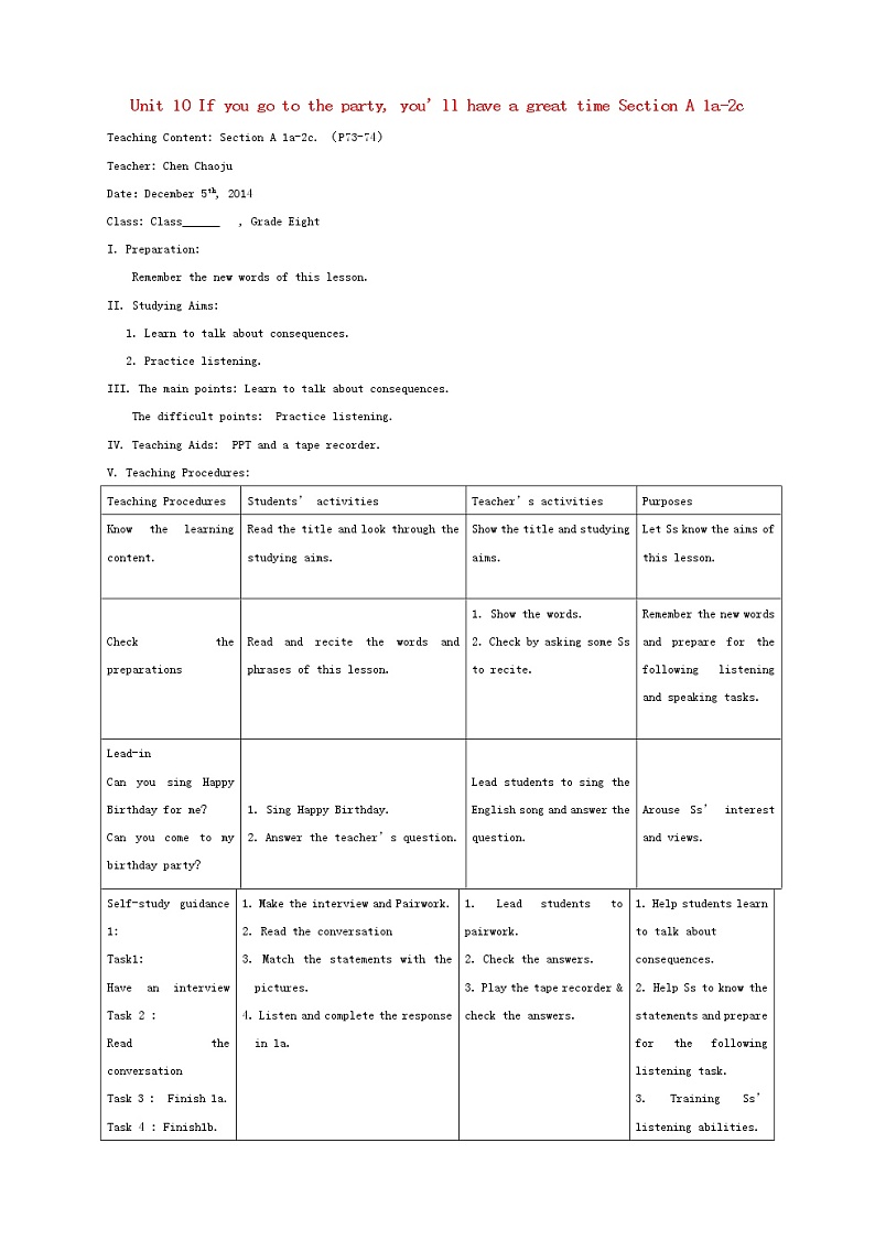 八年级英语上册 Unit 10 If you go to the party, you’ll have a great time Section A 1a-2c教案01