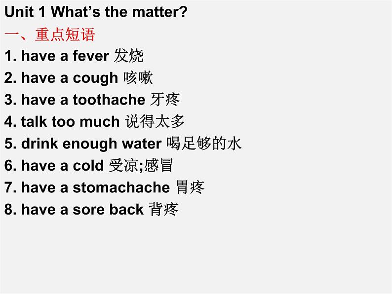 湖北省麻城市集美学校八年级英语下册 Unit 1 What's the matter词组课件02