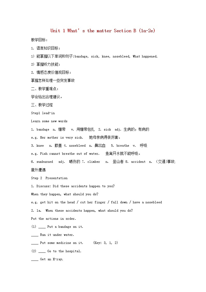 湖南省株洲县渌口镇中学八年级英语下册 Unit 1 What’s the matter Section B (1a-2e)教案01