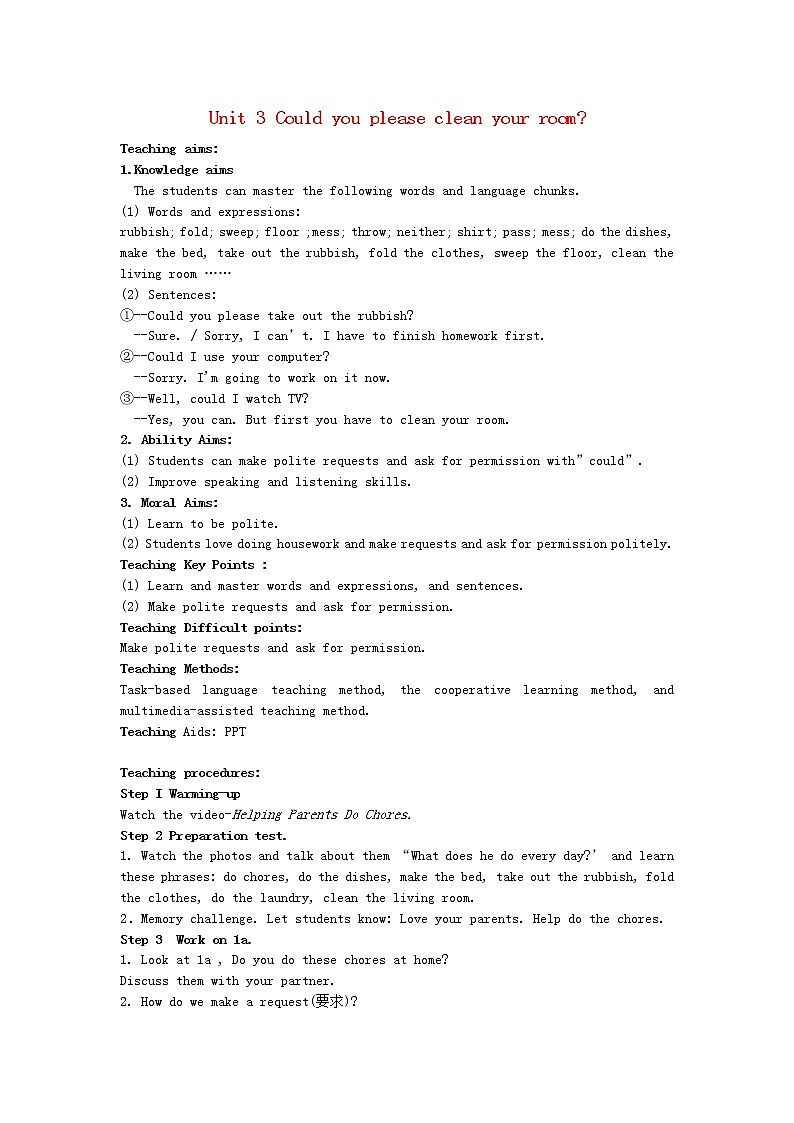 山东省郯城县新村乡中学八年级英语下册 Unit 3 Could you please clean your room Period 1教案01