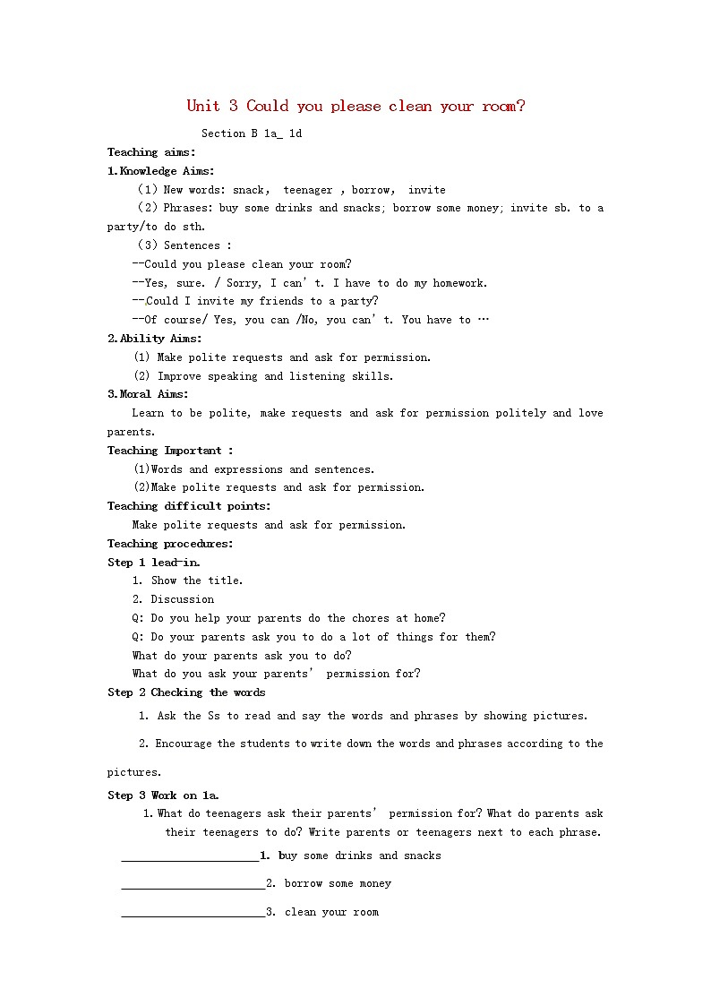 山东省郯城县新村乡中学八年级英语下册 Unit 3 Could you please clean your room Period 3教案01