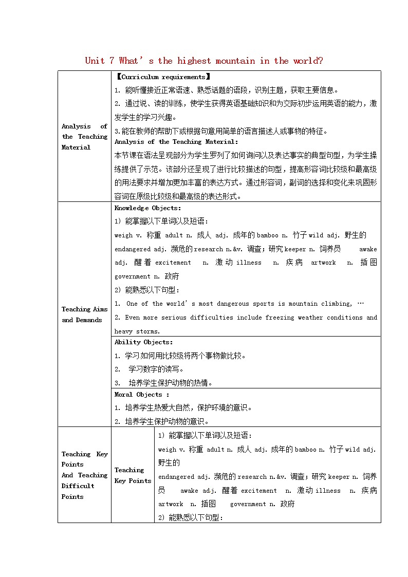 甘肃省武威第十一中学八年级英语下册《Unit 7 What’s the highest mountain in the world（第5课时）》教案01