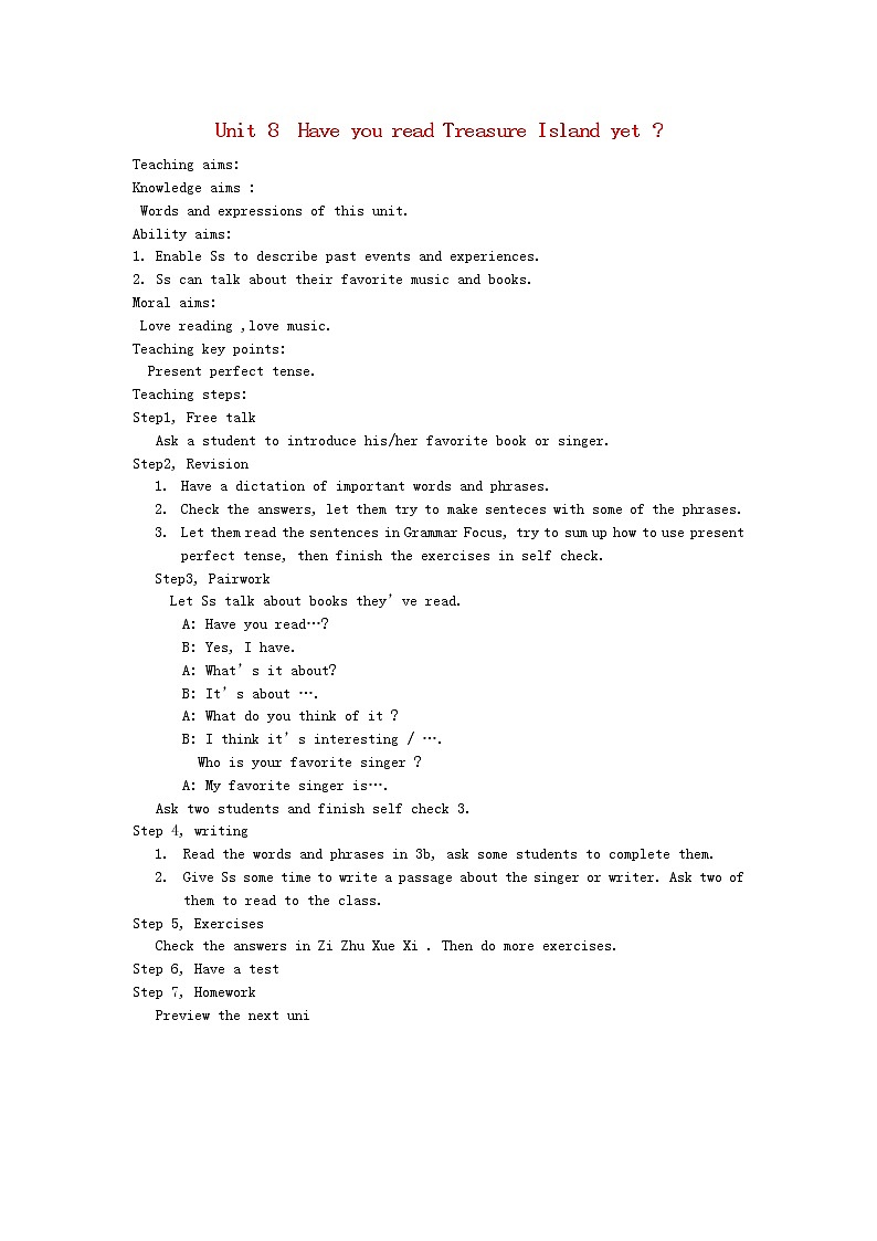 山东省郯城县新村乡中学八年级英语下册 Unit 8 Have you read Treasure Island yet Section B（3a-self check）教案01