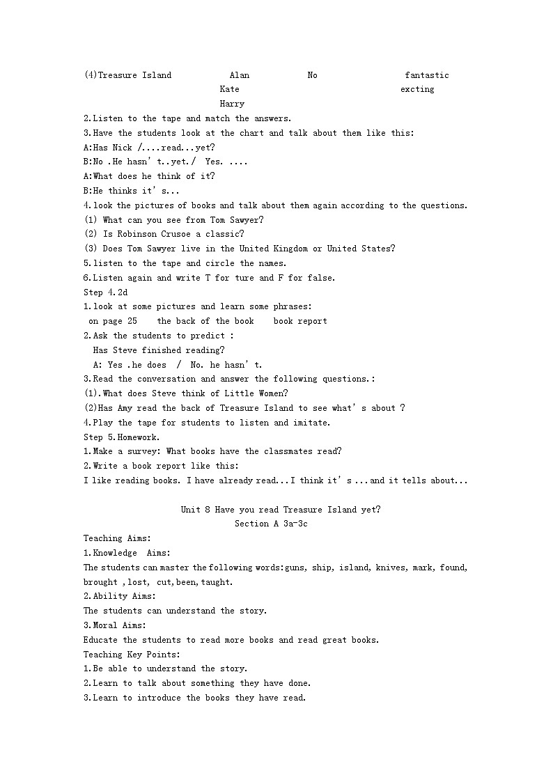 山东省郯城县新村乡中学八年级英语下册 Unit 8 Have you read Treasure Island yet Section A（1a-2d）教学设计02
